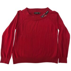 Lauren Ralph Lauren Red Cotton Buckle Accent Knit Sweater Womens XL Black Label